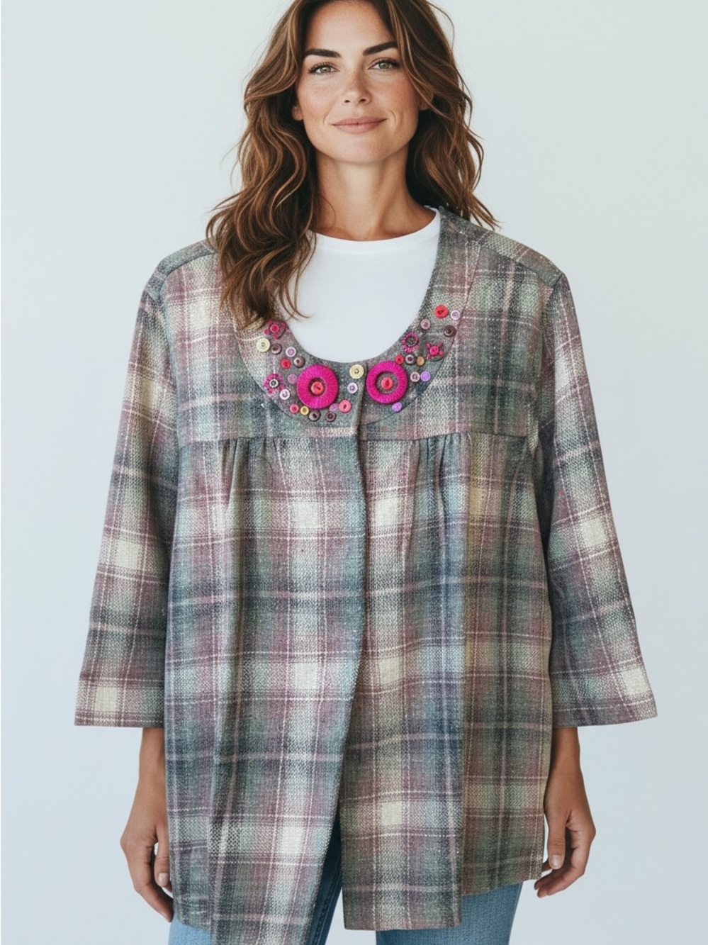 Ulla Popken 100% Wool Plaid Embellished Jacket